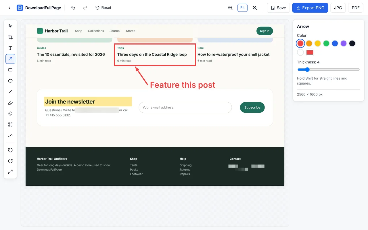 Editor showing a yellow highlight on a heading, a blurred e-mail address, pixelated contact details, a red rectangle, an arrow and the text “Feature this post”