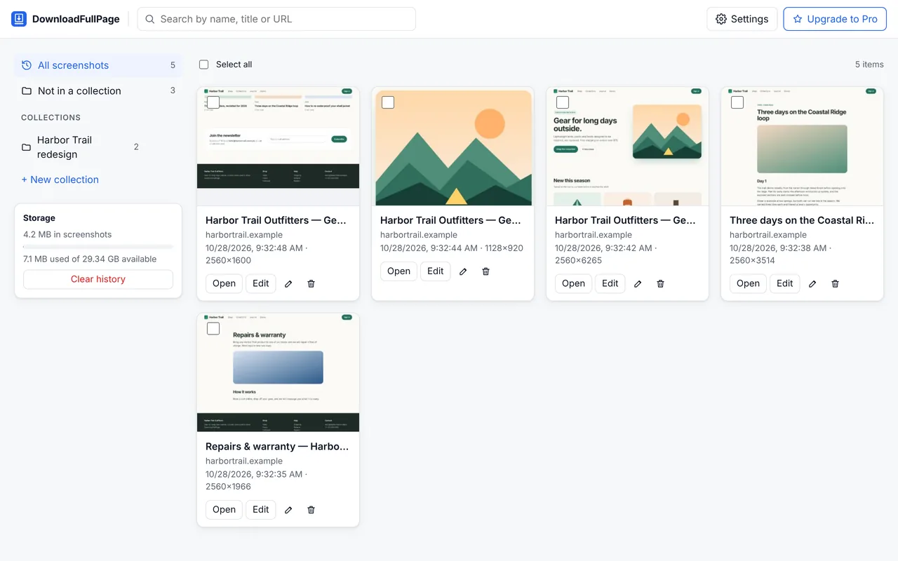 Screenshot history with thumbnails, a search box, a collection named Harbor Trail redesign and a storage usage meter