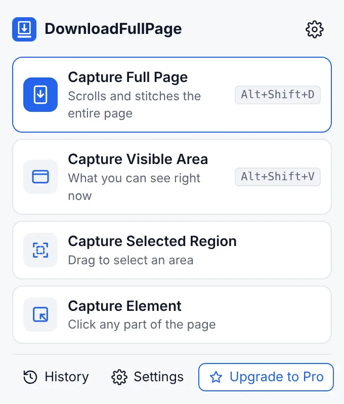 DownloadFullPage popup listing Capture Full Page, Capture Visible Area, Capture Selected Region and Capture Element, with keyboard shortcuts