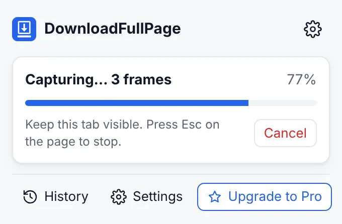 Popup showing a scrolling capture in progress at 77%